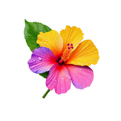 Wall Mural - Vibrant hibiscus flower with dew drops and lush green leaves