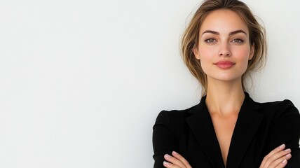 Poster - A woman in a black suit is standing in front of a white wall