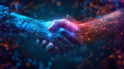 Poster - Abstract digital handshakes and network connections on a dark background, symbolizing technological collaboration in business or tech innovation