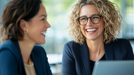 Sticker - Two women are smiling and laughing while sitting at a table with a laptop