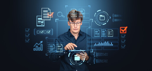 Poster - man finger touch document management system and files hologram