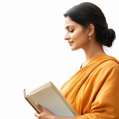 Wall Mural - indian female teacher reading book on white background