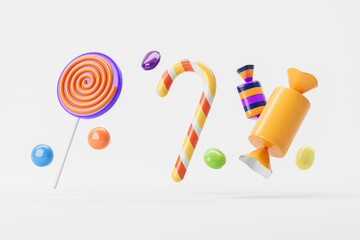 Poster - Colorful candy assortment featuring a lollipop, candy cane, and various sweets. 3D rendering style on a clean white background. Concept of sweetness and celebration