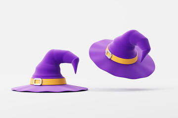 Two purple witch hats with yellow bands and buckles, one standing and one tilted. Clean, isolated on a white background. Concept of Halloween. 3D Rendering