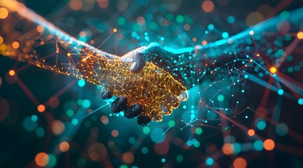 Poster - Abstract digital handshakes with glowing connections and holographic elements on a dark background, symbolizing technology, business, or network interaction in cyberspace