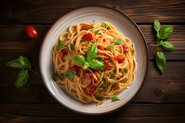 vegan pasta in plate on wooden background