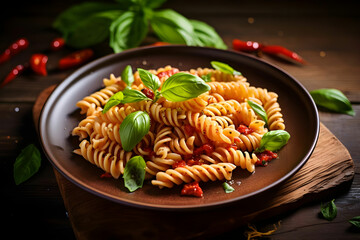 vegan pasta in plate on wooden background