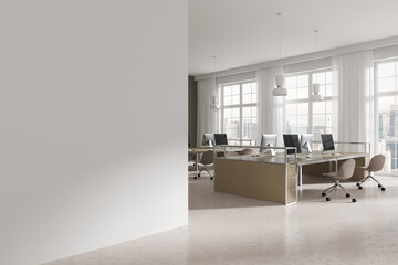 Wall Mural - Modern open space office interior with blank wall and city view. 3D Rendering