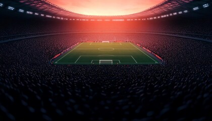 A vibrant sunset illuminates an expansive soccer stadium filled with passionate fans, creating a captivating sports atmosphere.