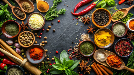 Wall Mural - Assorted vibrant herbs and spices for cooking on a dark background, herbs, spices, culinary, variety, colorful