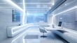 © improvee design - Minimalist futuristic office interior design with clean lines white surfaces and integrated technology for modern workspace innovation productivity and smart environment concept.