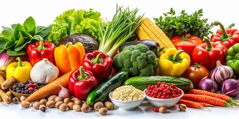 of a variety of colorful vegetables and health foods on a white background, ,vegetables, health food, colorful, fresh