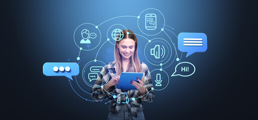 Poster - Woman using tablet, virtual screen social media hologram hud and chat bot