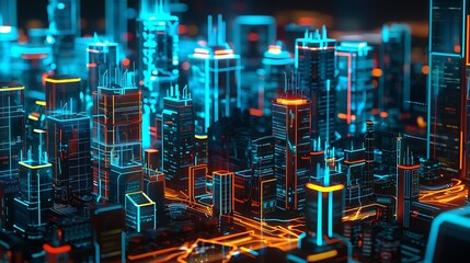 Poster - Neon cityscape showcasing a futuristic digital metropolis with glowing skyscrapers and intricate neon lines, representing the advancement of technology and urban landscapes.