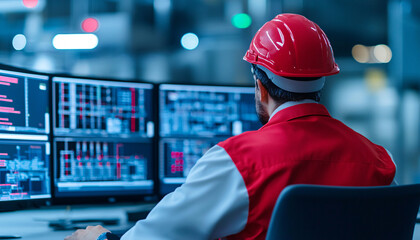 Poster - Worker monitoring data on multiple screens in a modern control room, wearing safety gear