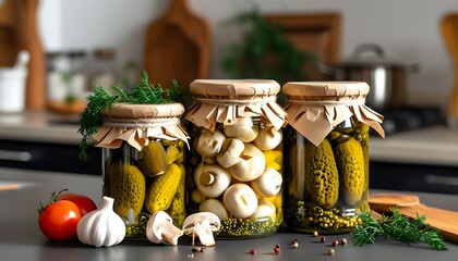 Poster - Jars of pickled mushrooms with herbs and spices on a kitchen counter showcasing the art of preserved food and homemade pickles