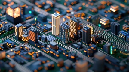 Fototapete - Cityscape on Circuit Board.