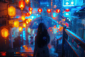 Poster - The ancient town on a rainy day, with red lanterns and stone bridges