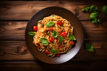 vegan pasta in plate on wooden background