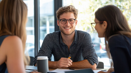 young business people sitting together at office