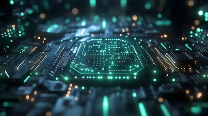 Poster - Illuminated Circuit Board with Glowing Green Lights