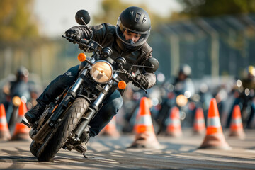 Wall Mural - Motorcycle rider taking turn during safety course training