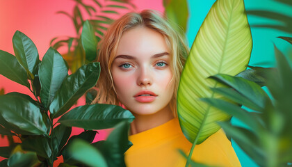 Blonde woman with blue eyes surrounded by vibrant green tropical leaves, set against a colorful split pink and turquoise background.