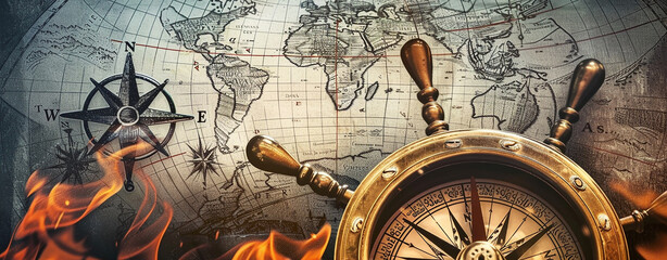 Magnetic compass on world map.Travel, geography, navigation, tourism and exploration concept background.