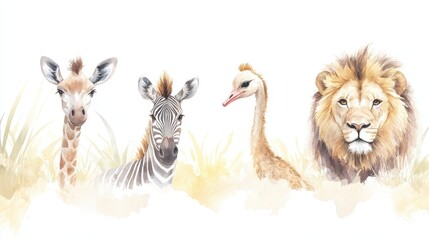 A group of animals including a giraffe, zebra, ostrich