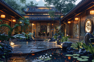 Wall Mural - Chinese architecture at night, pavilions and towers