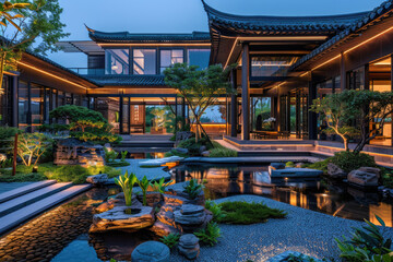 Canvas Print - Chinese architecture at night, pavilions and towers