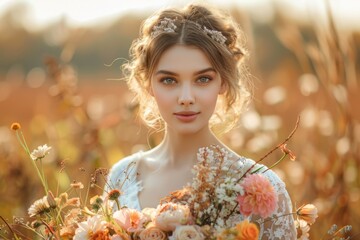 Beautiful bride holding a bouquet is smiling at her wedding day