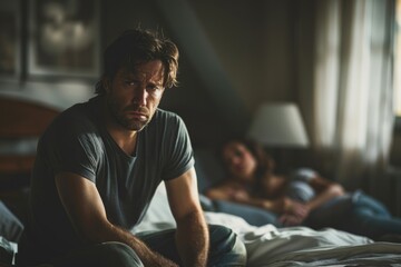 Man sitting on bed feeling depressed as wife sleeps in background