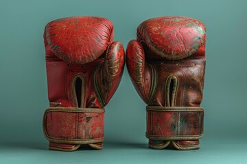 Pair of worn red leather boxing gloves on green background