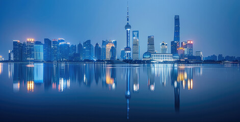 Poster - At night, the city's high-rise buildings by the lake