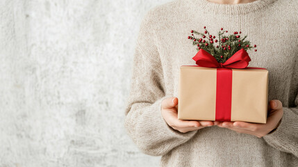 Wall Mural - Close-up of a gift box held by a woman. Light background, empty space for text. The concept of a gift day, Christmas sales, preparation for Christmas and new year.