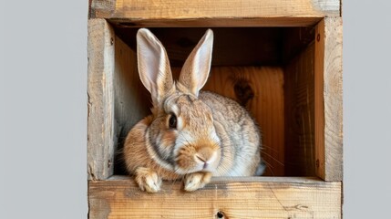 A rabbit in a small hutch isolated on a transparent background.