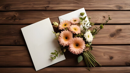 Thank you card with flower bouquet decoration top view on wooden background.