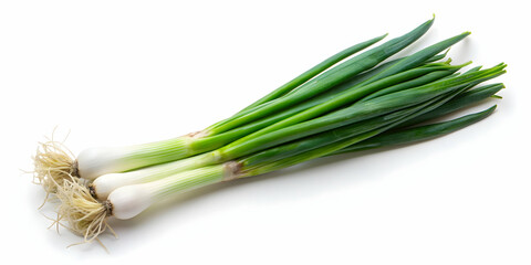 Fresh spring onion on isolated white background, juicy and fresh, top view, flat lay, no shadows, spring onion