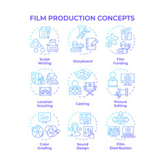 Wall Mural - Film production multi color concept icons. Movie script, screenwriting. Funding management, directing. Icon pack. Vector images. Round shape illustrations for infographic, presentation. Abstract idea