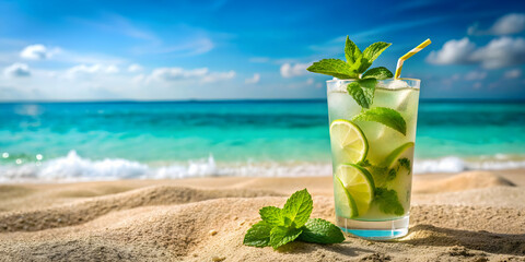 Refreshing mojito cocktail served on a sandy beach with turquoise water in the background, mojito, cocktail, beach, sand