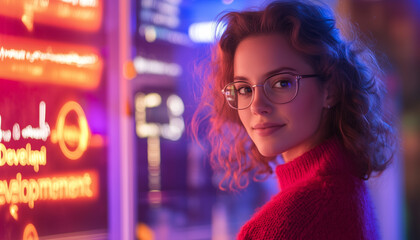 A young woman with curly hair and glasses stands near a vibrant neon display at night, creating a modern and urban ambiance.