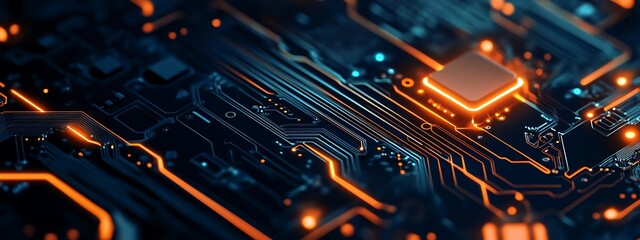 Poster - Close-up of a Circuit Board with Orange and Blue Glowing Lines