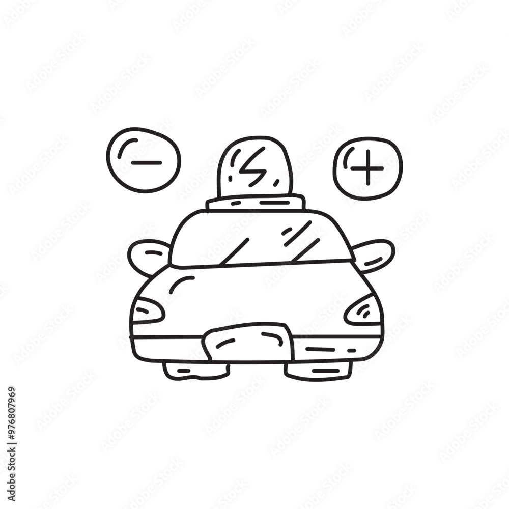 Hand-drawn electric car with plus and minus signs, representing ...