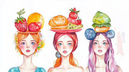 Colorful illustration of three women with fruits and burgers on their heads, showcasing creativity and playful food art.