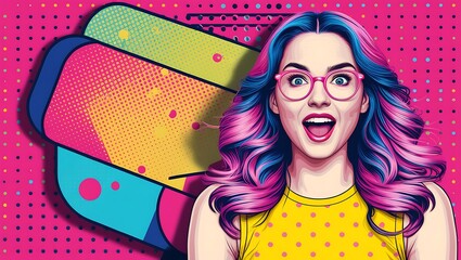 Wall Mural - Vibrant pop art illustration of a woman with fair skin, pink and blue hair, and pink glasses, set against a bold, geometric, and colorful background.