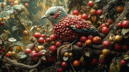 Wall Mural - A colorful bird adorned with fruits amidst lush foliage.