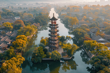 Wall Mural - In autumn, the pagoda by the river in the countryside