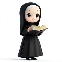 3D cartoon nun in black uniform hold holy bible