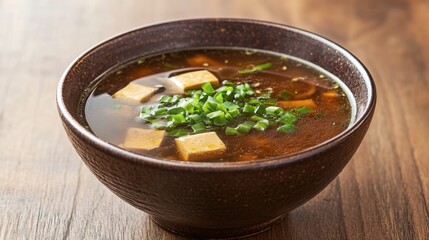 A shiitake mushroom miso soup, with pieces of mushroom floating in a rich broth, garnished with green onions and tofu, served in a traditional bowl.